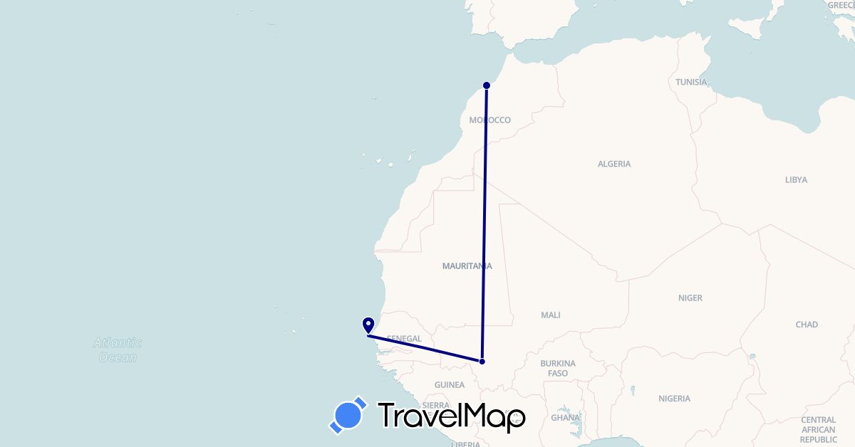TravelMap itinerary: driving in Morocco, Mali, Senegal (Africa)